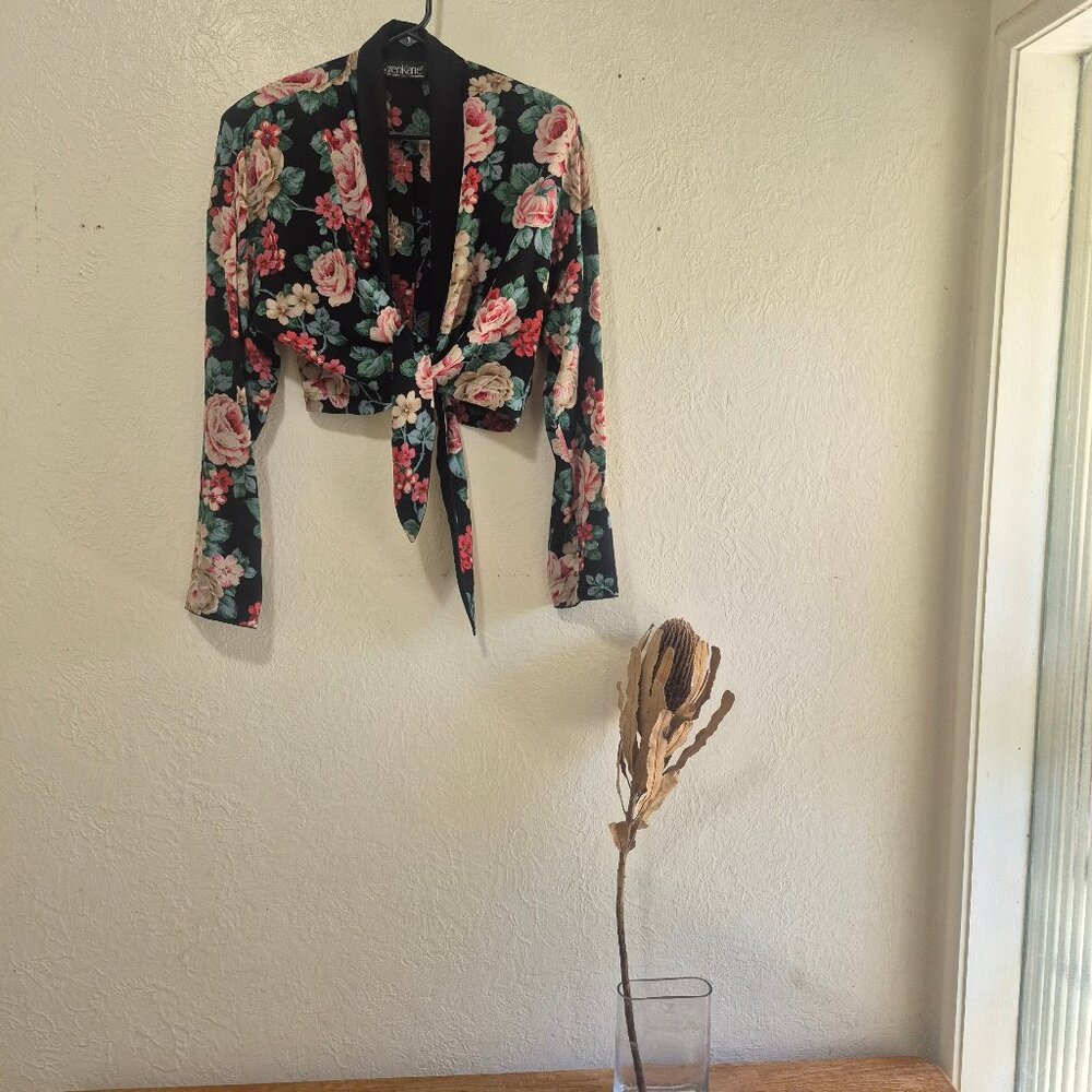 Vintage Cropped Dark Floral Tie Front/Wrap Tuxedo Jacket 90s 80s Dark Romance